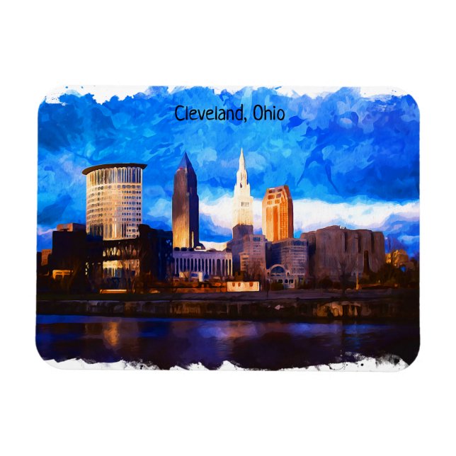 Íman Cleveland Ohio USA Watercolor Cityscape View (Horizontal)