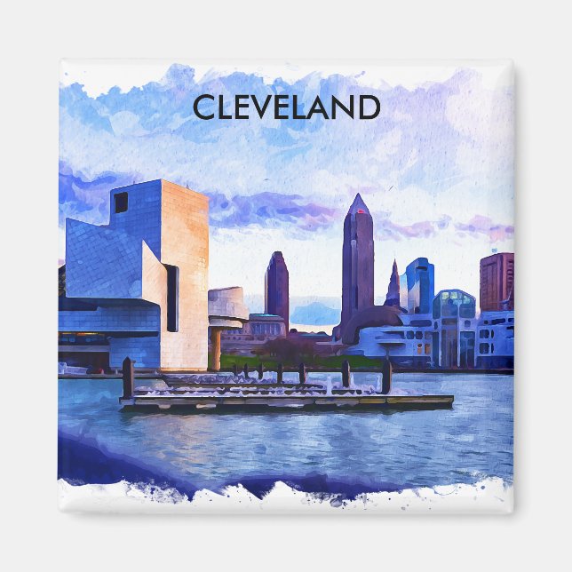 Íman Cleveland Ohio Watercolor Cityscape View (Frente)