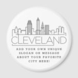 Íman Cleveland Themed | Mensagem de Cidade Personalizad<br><div class="desc">Um favor ímã único representando a bela cidade de Cleveland,  Ohio. Este chaveiro apresenta uma ilustração estilizada do horizonte único da cidade com seu nome embaixo. Por baixo do nome da cidade está um lugar para o seu slogan ou afirmação exclusivo sobre a sua cidade favorita.</div>