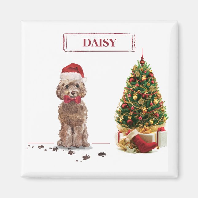 Íman Cockapoo Marrom Engraçado Natal Cachorro e Árvore (Frente)