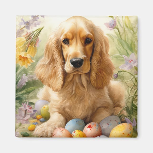Íman Cocker Spaniel com Ovos de Páscoa Feriado  (Frente)