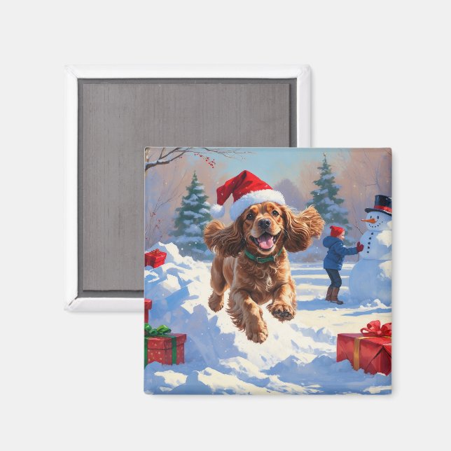 Íman Cocker Spaniel Correndo na Neve com Chapéu de Nata (Front/Back)