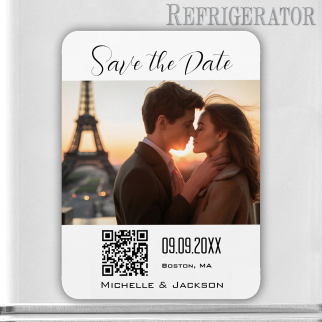 Íman Código QR de Foto Elegante Simples Salvar a Data (Modern Save the Date magnet featuring your own photo. With QR code template)