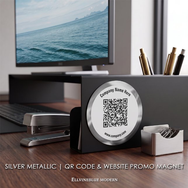 Íman Código QR Personalizado Metálico Prateado & Promoç (Silver Metallic Magnet | A polished layout created to showcase your QR Code, Name, & Website.)