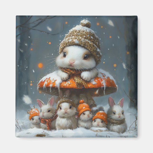 Íman Coelhinhos de Inverno Fofos com Ímã de Geladeira d (Frente)