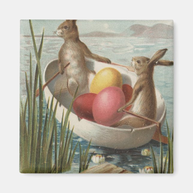 Íman Coelhinhos de Páscoa em um Barco com Ovos Colorido (Frente)