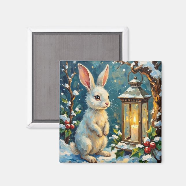 Íman Coelho Branco Vintage com Lanterna de Natal (Front/Back)