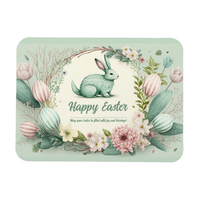 Íman Coelho da Páscoa Feliz com Ovos Pastéis e Flores (Horizontal)