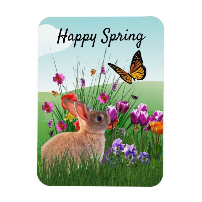 Íman Coelho Feliz de Primavera no Jardim de Flores (Vertical)