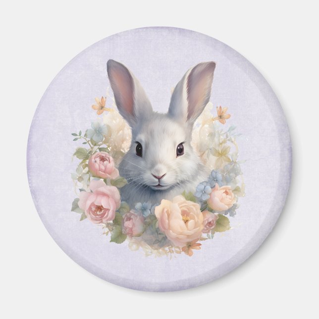 Íman Coelho Rodeado por Flores Pastel Cute (Frente)