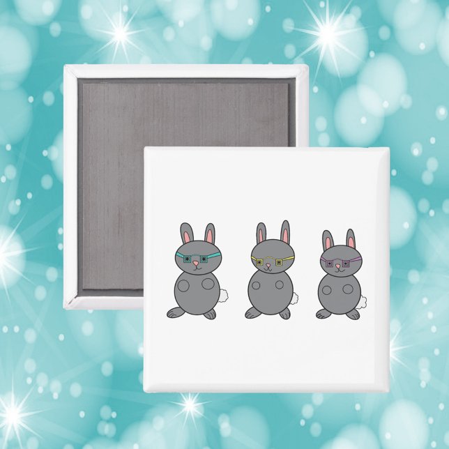 Íman Coelhos coelhos Vestindo óculos (A cute magnet with three gray bunny rabbits wearing glasses.)