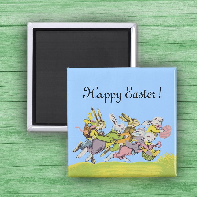 Íman Coelhos de Pastel em felz pascoa (Group of running Easter Bunnies in clothes with eggs and baskets in grass on a magnet.)
