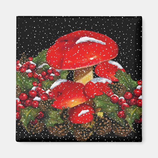 Íman Cogumelo de Natal, Toadstools, Snow, Holly (Frente)