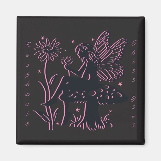 Íman Cogumelo e Flor de Fada Fofo Preto e Rosa (Frente)
