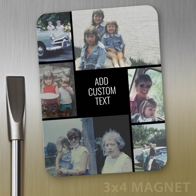 Íman Colagem de 6 fotos - fundo preto - texto branco (Personalized magnet with photo collage and text)