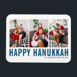 Íman Colagem de Fotografia Azul Típica Feliz Hanukkah<br><div class="desc">Feliz Hanukkah! Celebre o alegre Festival das Luzes com nossa foto personalizável do ímã Chanucá! Este ímã festivo permite-lhe mostrar as suas memórias favoritas enquanto adiciona um toque pessoal ao seu decoro de férias. Apresenta uma tipografia simples azul. Personalize adicionando três fotos, nomes, ano e outros detalhes. Um presente ideal...</div>