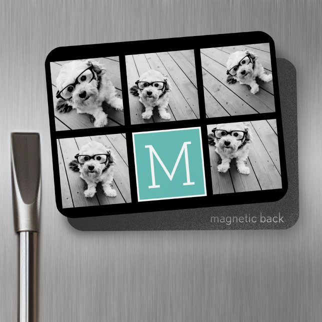 Íman Colagem de Fotografias Monograma - Até 5 Fotografi (Personalized fridge magnet - add photos and custom text)