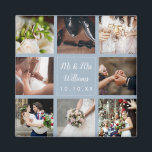 Íman Colagem de Fotos de Casamento Azul Dusty Obrigado<br><div class="desc">Personalize com suas oito fotos favoritas de casamento,  nome e data especial para criar uma colagem de fotos,  memória e presente únicos. Um bom tesouro! Você pode personalizar o fundo para sua cor favorita. Projetado por Thisnotme©</div>