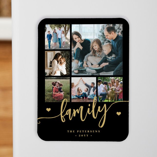 Íman colagem de fotos de família 6 preto dourado script (Criador carregado)