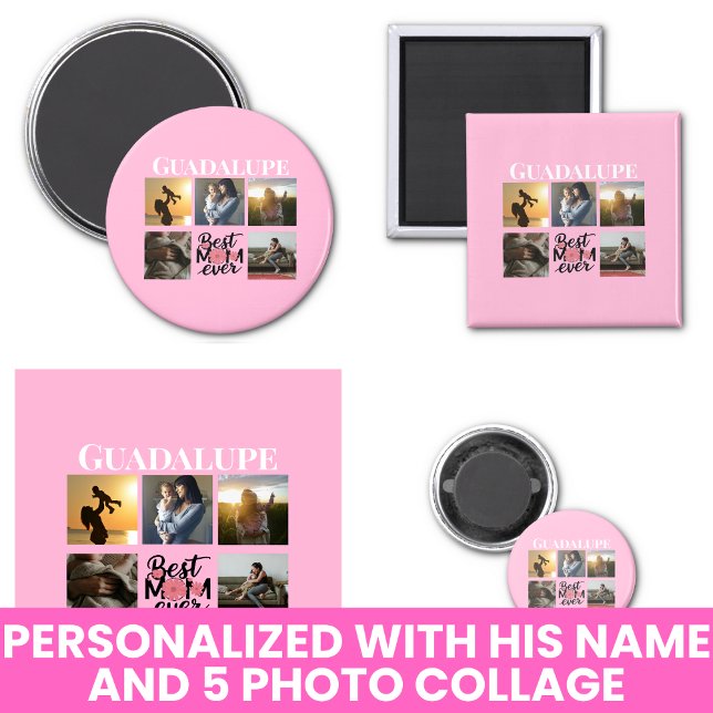 Íman Colagem de Fotos e Nome da Mamãe Rosa (Photo Collage and Mom's Name Pink Magnet
)