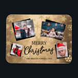 Íman Colagem de Fotos Personalizada de Feliz Natal Dour<br><div class="desc">Bonito moderno personalizado design de Feliz Natal com elegantes inscrições manuscritas e falsos padrões de falso ouro e falso floco de neve preto. Adicione até 4 fotos.</div>