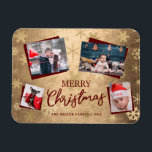 Íman Colagem de Fotos Personalizada de Natal Dourado El<br><div class="desc">Bonito moderno personalizado design de Feliz Natal com elegantes inscrições manuscritas e falso padrão de ouro e falso falso floco de neve vermelho. Adicione até 4 fotos.</div>