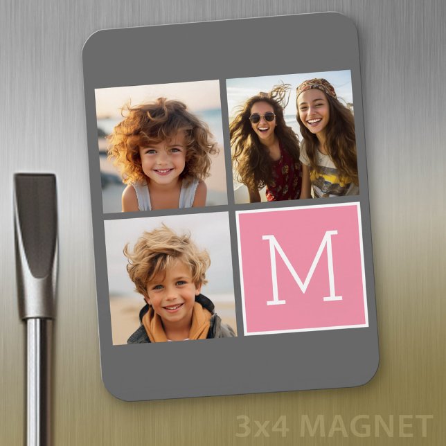 Íman Colagem de Fotos Personalizadas no Instagram com M (Personalized refrigerator magnet with photo collage and custom text - add 4 photos to this design)