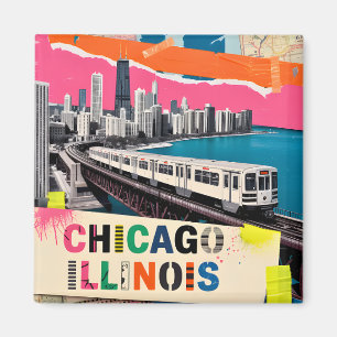 Íman Colagem Pop Art Trem da Silhueta de Chicago Viagem