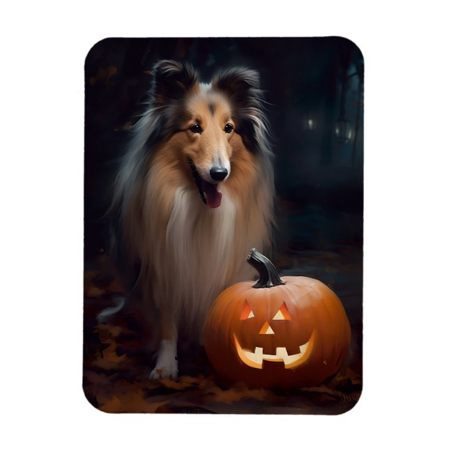 Íman Collie Áspero de Halloween com Abóboras Assustador (Vertical)