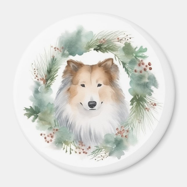 Íman Collie Christmas Wreath Festivo Pup (Frente)