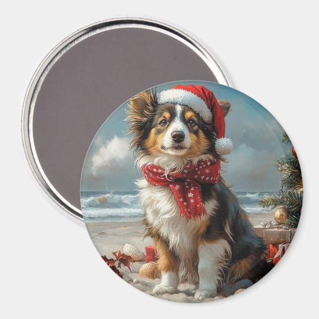Íman Collie Dog Christmas Vintage Beach (Front/Back)