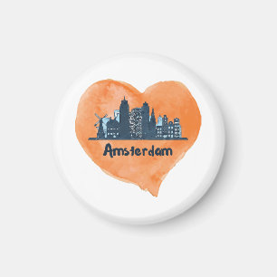 Íman Colorida Amsterdam City Skyline Watercolor Heart P