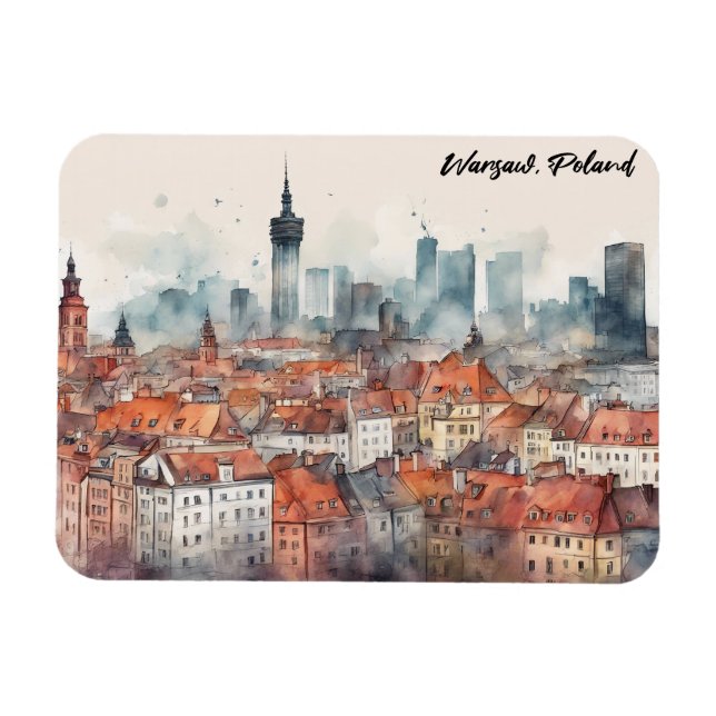 Íman Colorida Varsóvia Polônia Watercolor Skyline (Horizontal)
