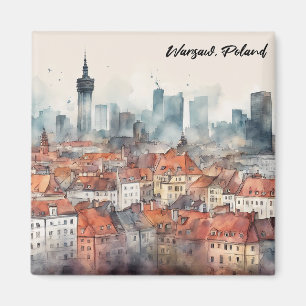 Íman Colorida Varsóvia Polônia Watercolor Skyline