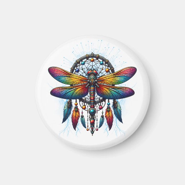 Íman Colorido Dreamcatcher de Libélula Psicodélico Boho (Frente)