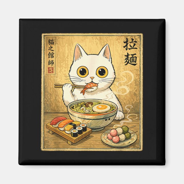 Íman Comida Japonesa Ramen Sushi Gato Branco Kawaii Eng (Frente)