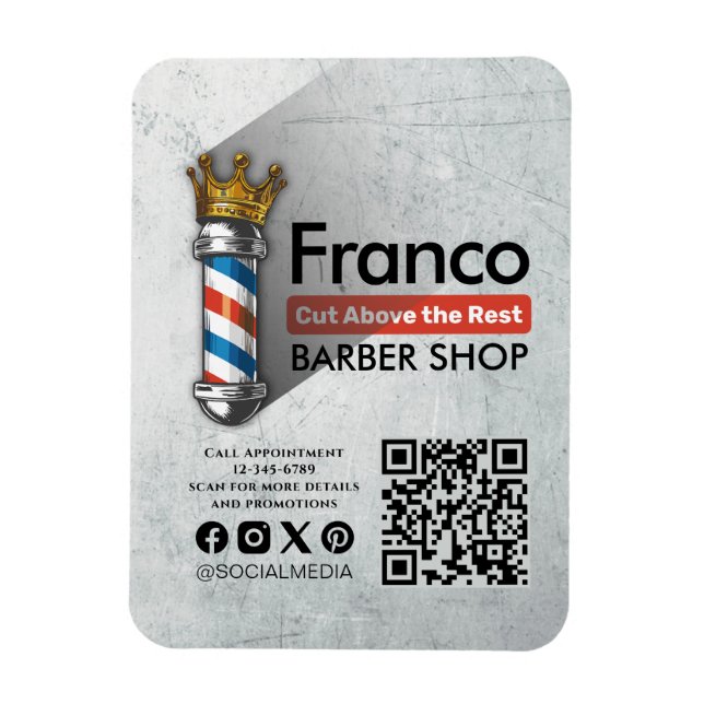 Íman Compro Barber Coroa Real Barbeiro Par Salão QR (Vertical)