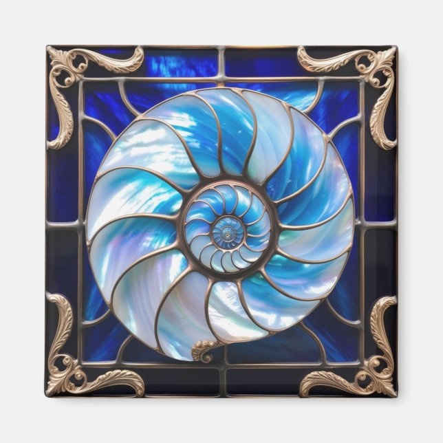Íman Concha de Nautilus Azul/Branca de Vidro Falso 3 (Frente)