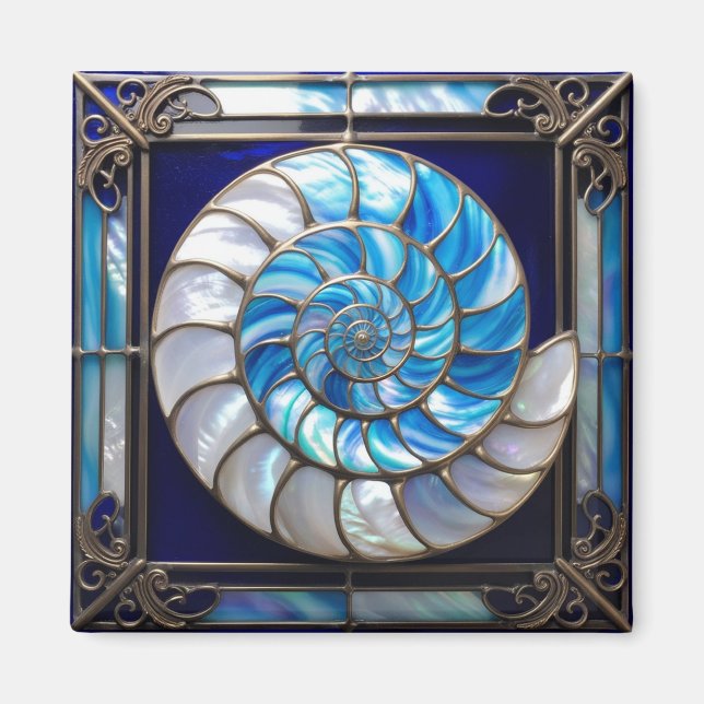 Íman Concha de Nautilus Azul/Branca Vidro Pintado Falso (Frente)