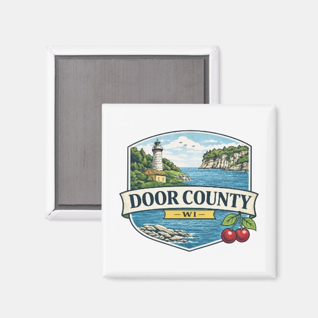 Íman Condado de Door, WI Farol e Lago MichiganÍmã (Front/Back)