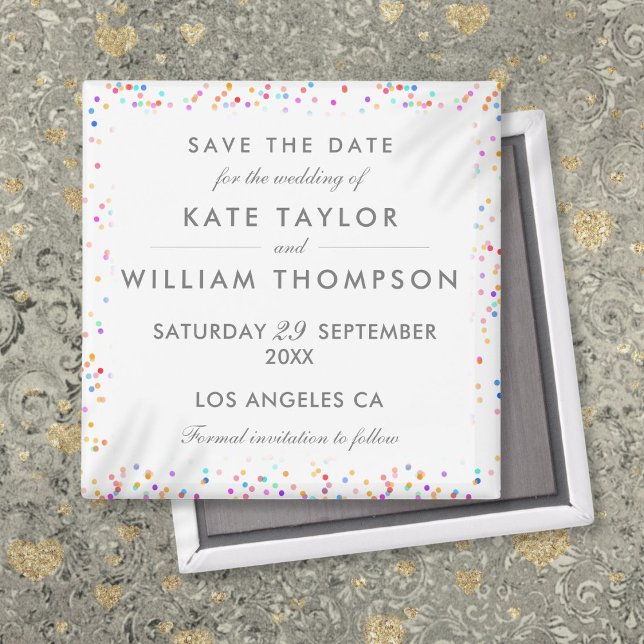 Íman Confetes Coloridos de Arco-íris no Casamento Save  (Colorful Rainbow Confetti Wedding Save The Date Magnet)