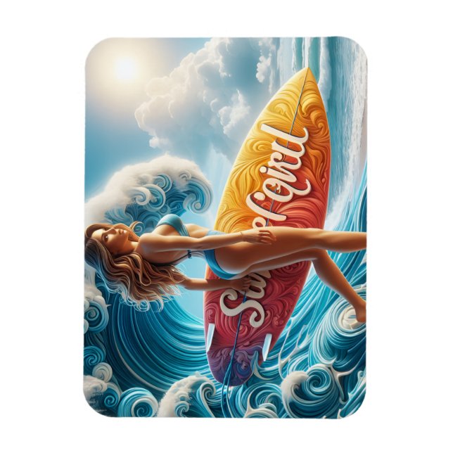Íman Confident Surfer Girl Walking Beach Waves Art (Vertical)