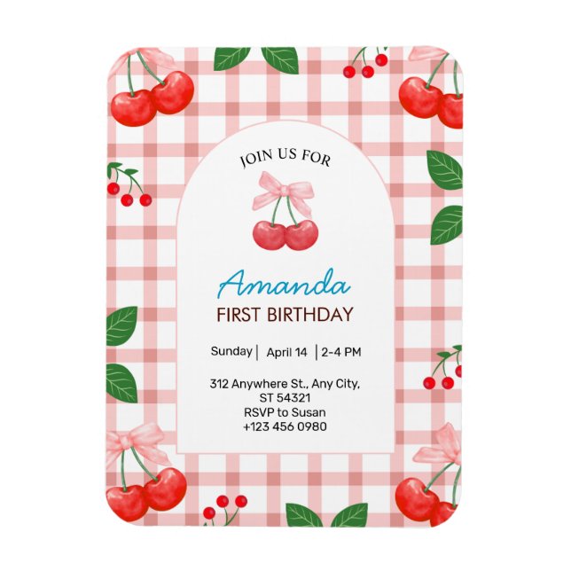 Íman Convite à Primeira primeiro aniversario de Cherry  (Vertical)