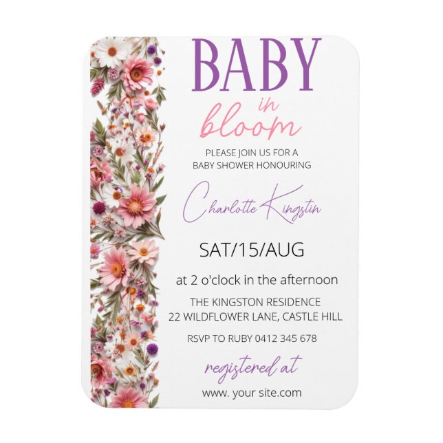 Íman Convite Baby in Bloom, Chuveiro de Bebê de Flores  (Vertical)