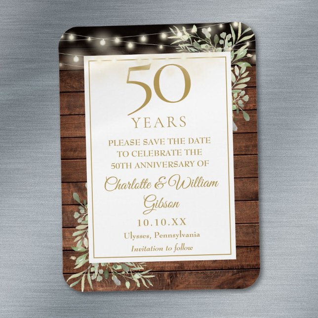 Íman Convite de 50º Aniversário Rústico de Madeira para (50th Anniversary Rustic Wood Save The Date Magnet)