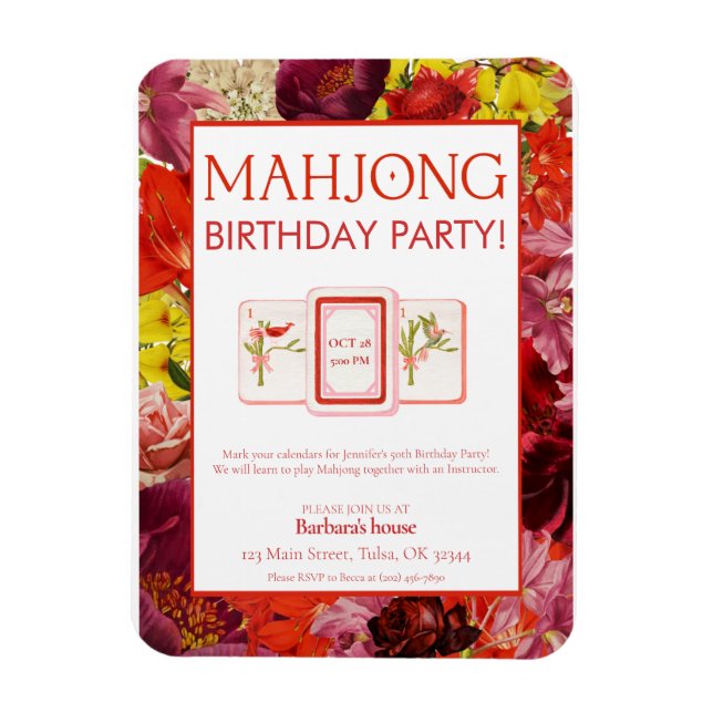 Íman Convite de Aniversário de Mahjong, Floral (Vertical)