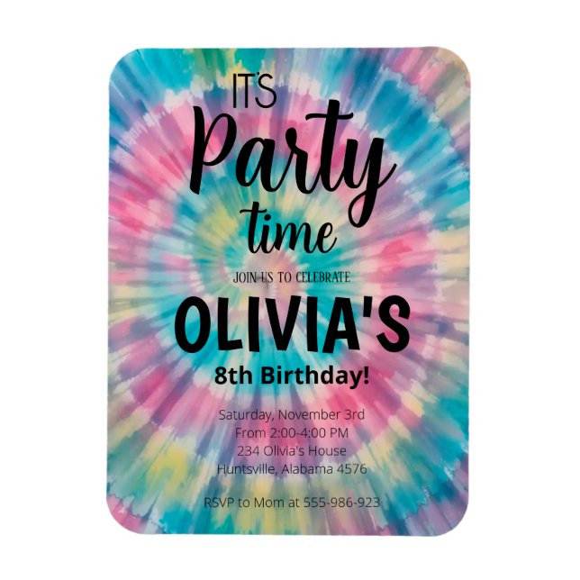 Íman Convite de Aniversário Tie Dye Arco-íris Tie Dye A (Vertical)
