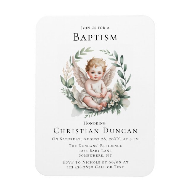 Íman Convite de Batismo com Asas de Anjo em Aquarela (Vertical)