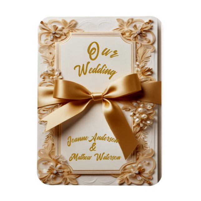 Íman "Convite de Casamento com Floral Embutido e Laço d (Vertical)