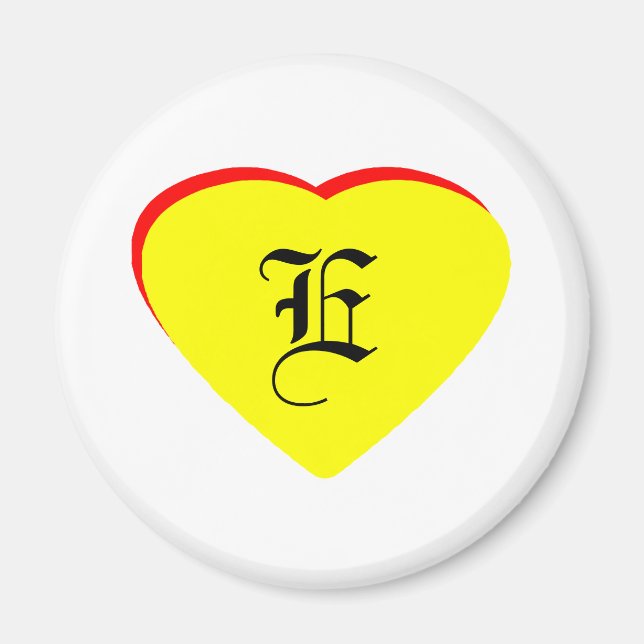 Íman Convite de Casamento "E" Coração Amarelo Vermelho  (Frente)